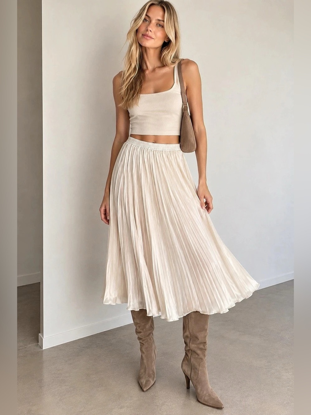 Massimo Dutti Ivory Silky Pleated Midi Skirt – Flowy Luxe Satin Look